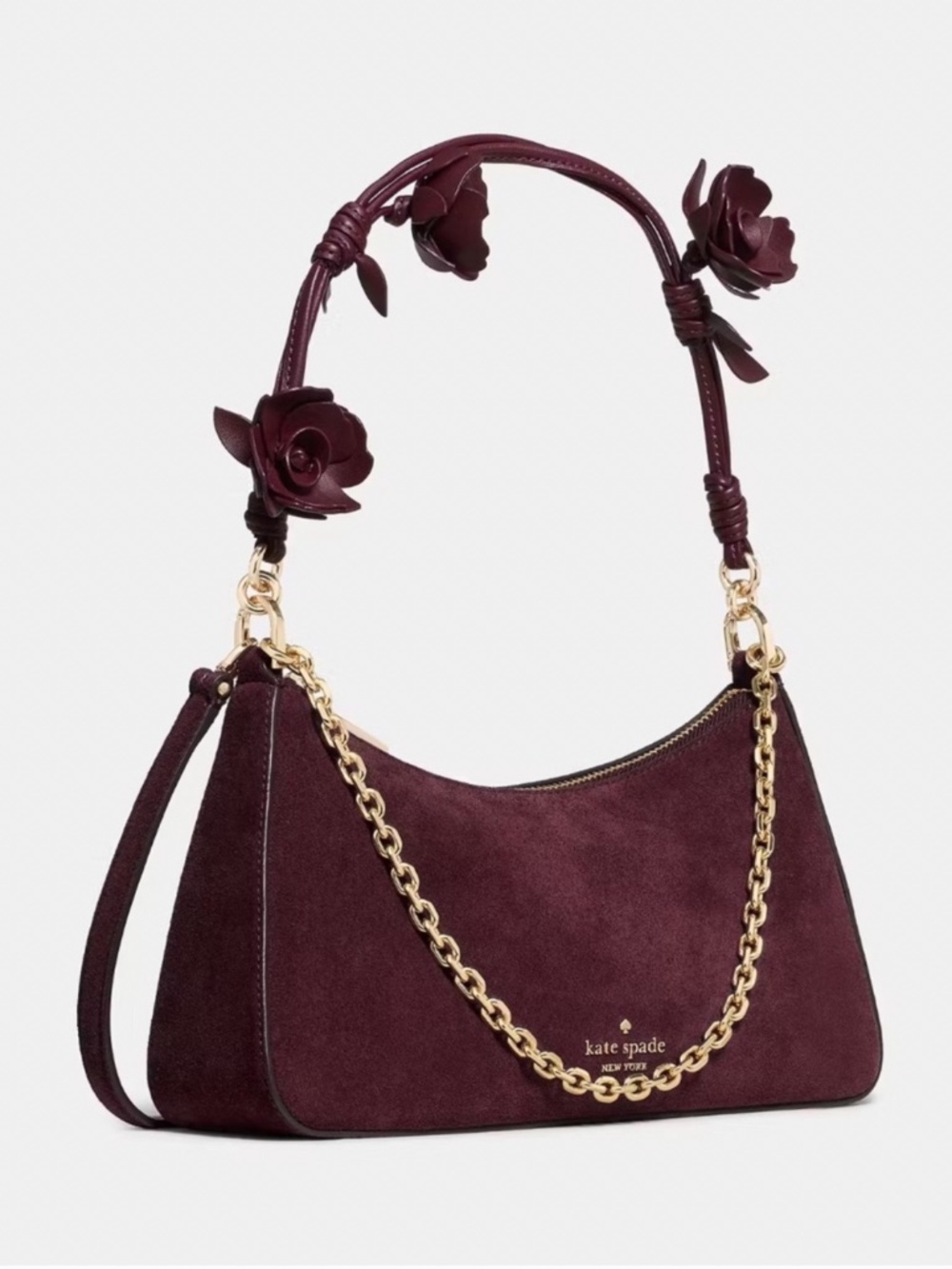 Kate Spade Margot Floral Handle Small Suede Shoulder Bag Grenache Red - Picture 2 of 6